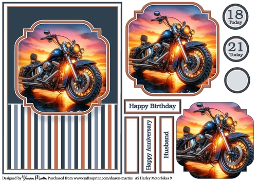 A5 Harley Motorbikes 9 Card Front, Topper, Pyramage Layer, Sentiments & Numbers