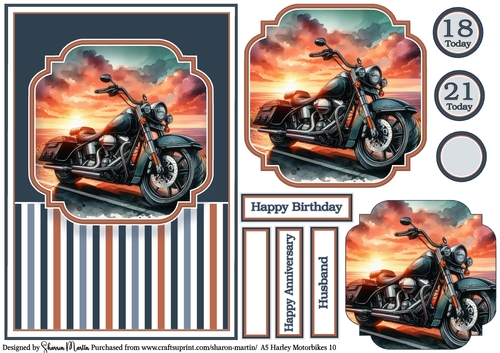 A5 Harley Motorbikes 10 Card Front, Topper, Pyramage Layer, Sentiments & Numbers