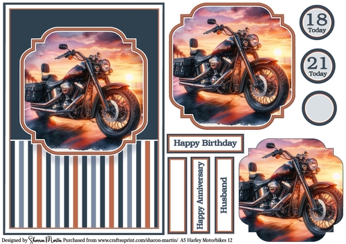 A5 Harley Motorbikes 12 Card Front, Topper, Pyramage Layer, Sentiments & Numbers