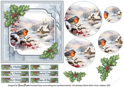 6x6 Christmas Winter Birds 4 - Card Front, Circle Pyramage, Sentiments & Decoupage 