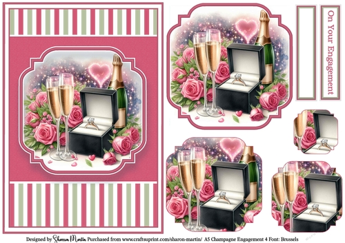 A5 Champagne Engagement 4 (Pink) Card Front, x3 Layers Pyramage and Sentiments