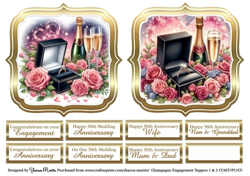 Large Toppers Champagne Engagement 1 & 2 with Sentiments CU4CU/CU/PU