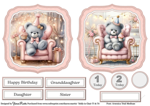 Teddy in Chair Large Toppers 5 & 6, Sentiments and ages CU4CU/PU/CU