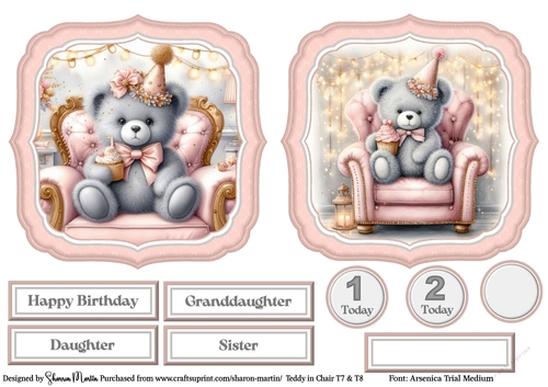 Teddy in Chair Large Toppers 7 & 8, Sentiments and ages CU4CU/PU/CU
