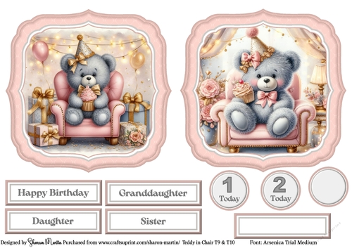 Teddy in Chair Large Toppers 9 & 10, Sentiments and ages CU4CU/PU/CU