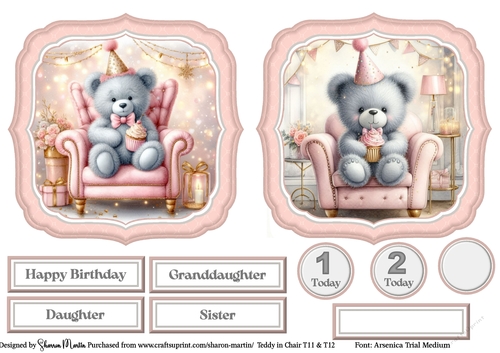 Teddy in Chair Large Toppers 11 & 12, Sentiments and ages CU4CU/PU/CU