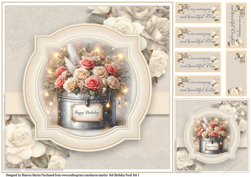 8x8 Birthday Floral Tub 1 - Card Front, Gift Card and Sentiments