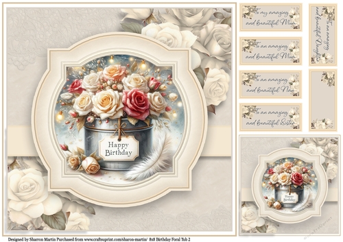 8x8 Birthday Floral Tub 2 - Card Front, Gift Card and Sentiments