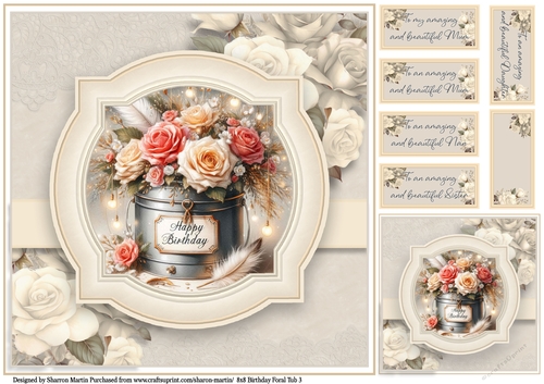 8x8 Birthday Floral Tub 3 - Card Front, Gift Card and Sentiments