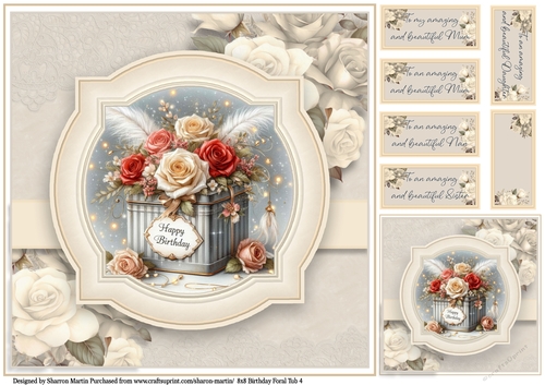 8x8 Birthday Floral Tub 4 - Card Front, Gift Card and Sentiments