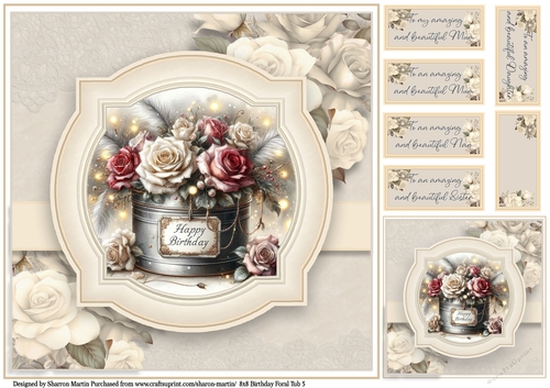 8x8 Birthday Floral Tub 5 - Card Front, Gift Card and Sentiments