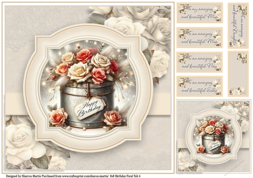 8x8 Birthday Floral Tub 6 - Card Front, Gift Card and Sentiments