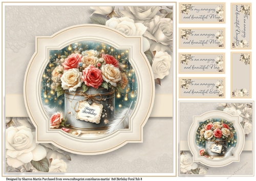 8x8 Birthday Floral Tub 8 - Card Front, Gift Card and Sentiments