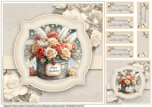 8x8 Birthday Floral Tub 9 - Card Front, Gift Card and Sentiments