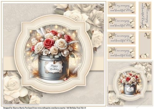 8x8 Birthday Floral Tub 10 - Card Front, Gift Card and Sentiments