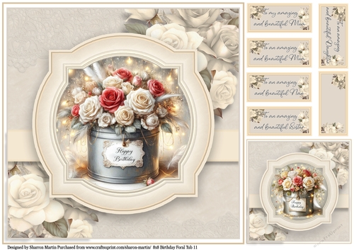 8x8 Birthday Floral Tub 11 - Card Front, Gift Card and Sentiments
