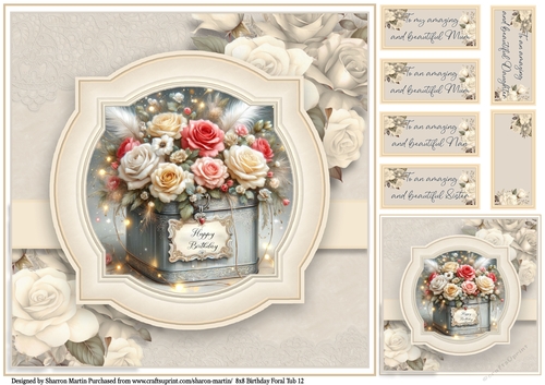 8x8 Birthday Floral Tub 12 - Card Front, Gift Card and Sentiments