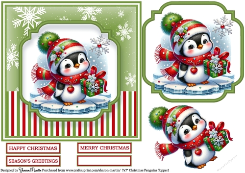 7x7 Christmas Penguins 1 - Card Front, Topper, Decoupage & Sentiments