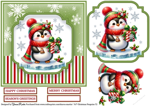 7x7 Christmas Penguins 2 - Card Front, Topper, Decoupage & Sentiments
