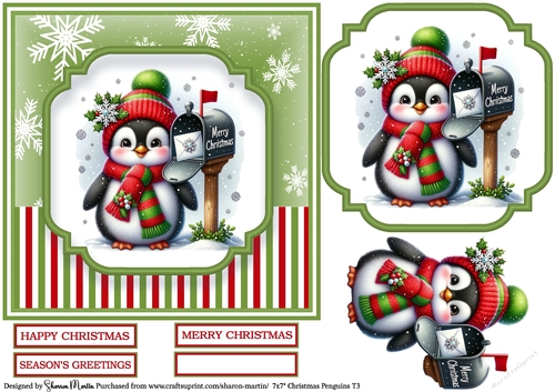 7x7 Christmas Penguins 3 - Card Front, Topper, Decoupage & Sentiments