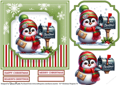 7x7 Christmas Penguins 4 - Card Front, Topper, Decoupage & Sentiments