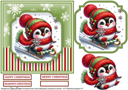 7x7 Christmas Penguins 5 - Card Front, Topper, Decoupage & Sentiments
