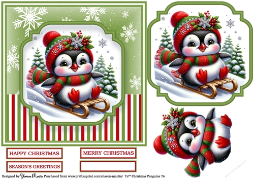 7x7 Christmas Penguins 6 - Card Front, Topper, Decoupage & Sentiments