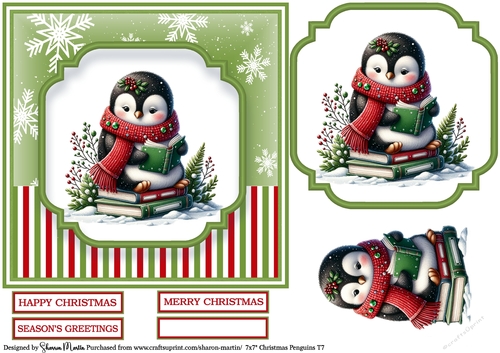 7x7 Christmas Penguins 7 - Card Front, Topper, Decoupage & Sentiments