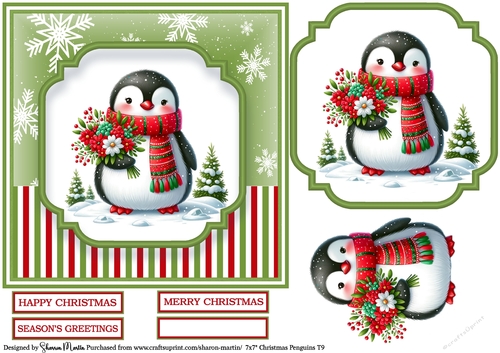 7x7 Christmas Penguins 9 - Card Front, Topper, Decoupage & Sentiments