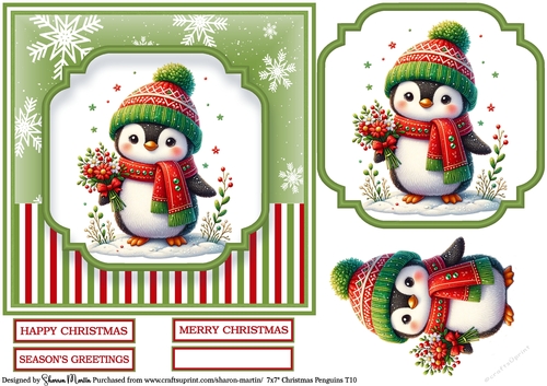 7x7 Christmas Penguins 10 - Card Front, Topper, Decoupage & Sentiments