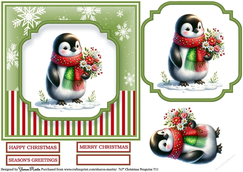 7x7 Christmas Penguins 11 - Card Front, Topper, Decoupage & Sentiments