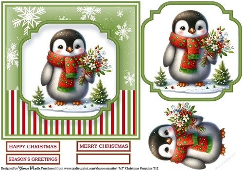 7x7 Christmas Penguins 12 - Card Front, Topper, Decoupage & Sentiments