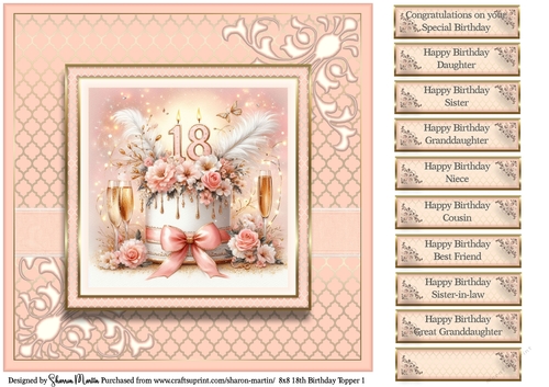 8x8 18th Birthday (Peach) T1 Card Front with Sentiments 