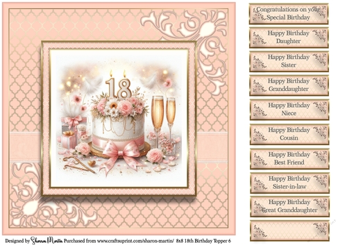8x8 18th Birthday (Peach) T6 Card Front with Sentiments 