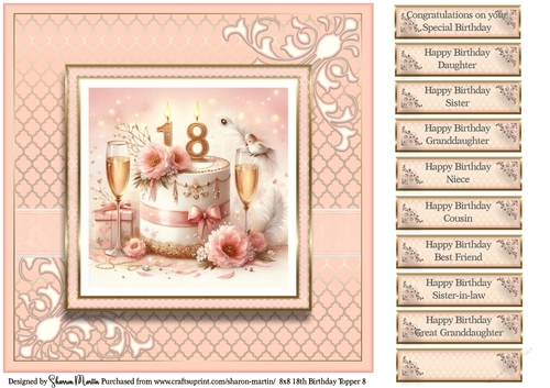 8x8 18th Birthday (Peach) T8 Card Front with Sentiments 