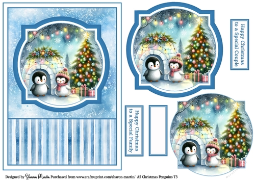 A5 Christmas Penguins Card Front, Toppers, and Sentiments T3