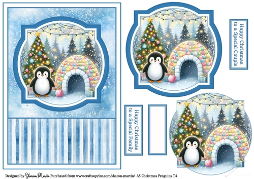 A5 Christmas Penguins Card Front, Toppers, and Sentiments T4