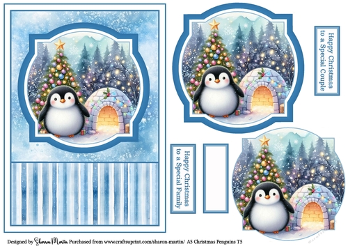 A5 Christmas Penguins Card Front, Toppers, and Sentiments T6