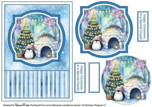 A5 Christmas Penguins Card Front, Toppers, and Sentiments T1