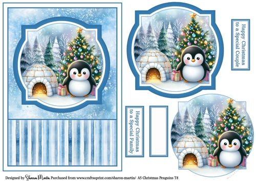 A5 Christmas Penguins Card Front, Toppers, and Sentiments T8