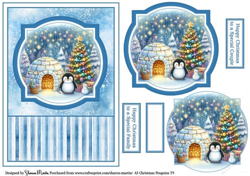 A5 Christmas Penguins Card Front, Toppers, and Sentiments T9