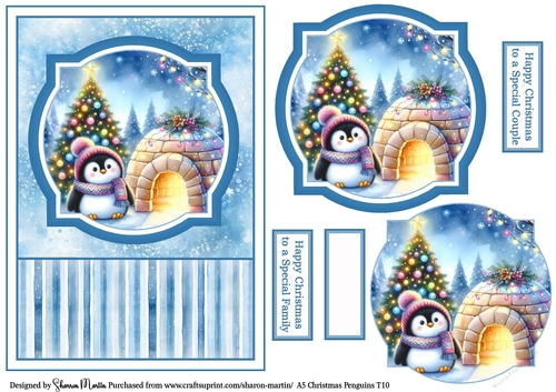 A5 Christmas Penguins Card Front, Toppers, and Sentiments T10