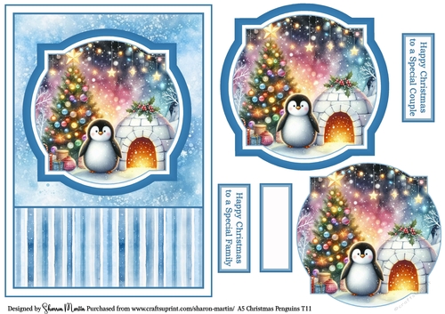 A5 Christmas Penguins Card Front, Toppers, and Sentiments T11
