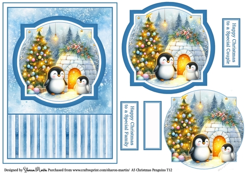 A5 Christmas Penguins Card Front, Toppers, and Sentiments T12