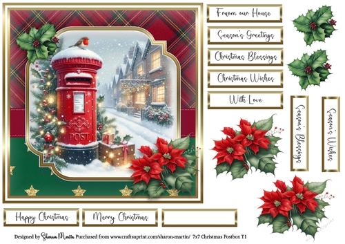 7x7 Christmas Postbox 1 Card Front, Decoupage Flowers and Sentiments 
