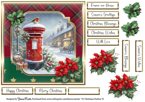 7x7 Christmas Postbox 2 Card Front, Decoupage Flowers and Sentiments 