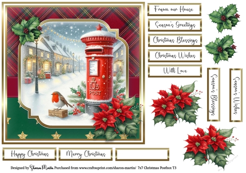 7x7 Christmas Postbox 3 Card Front, Decoupage Flowers and Sentiments 