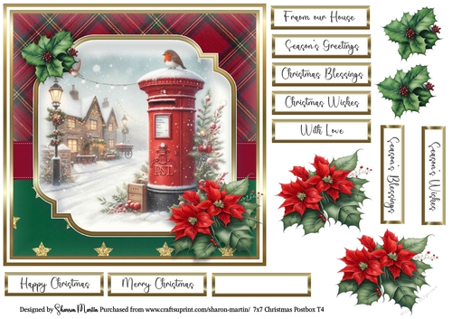 7x7 Christmas Postbox 4 Card Front, Decoupage Flowers and Sentiments 
