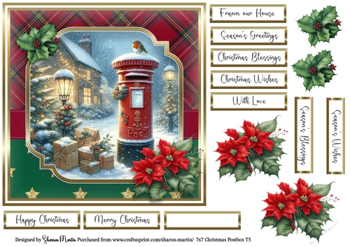 7x7 Christmas Postbox 5 Card Front, Decoupage Flowers and Sentiments 