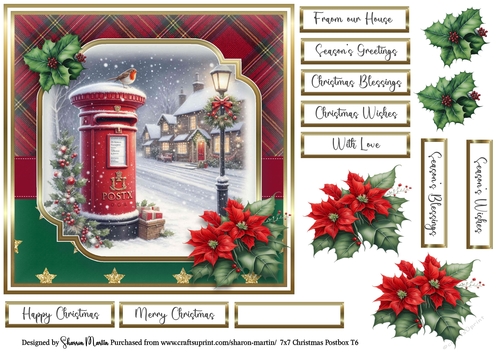 7x7 Christmas Postbox 6 Card Front, Decoupage Flowers and Sentiments 